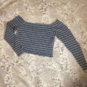 plaid blue shoulder cut crop top